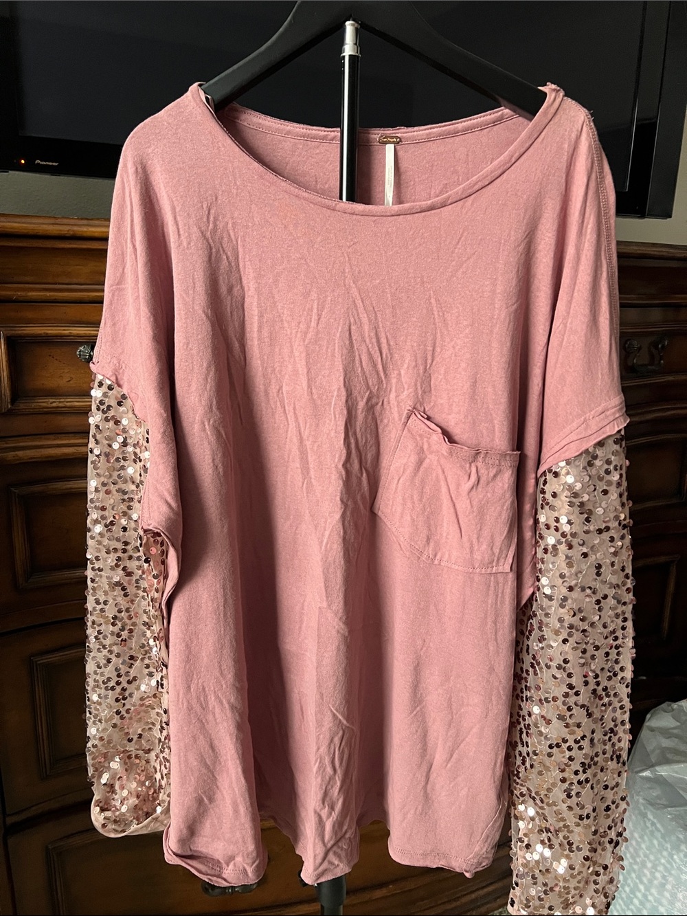 Free People Dusty Rose Sequin Sleeve Long Sleeve Tee